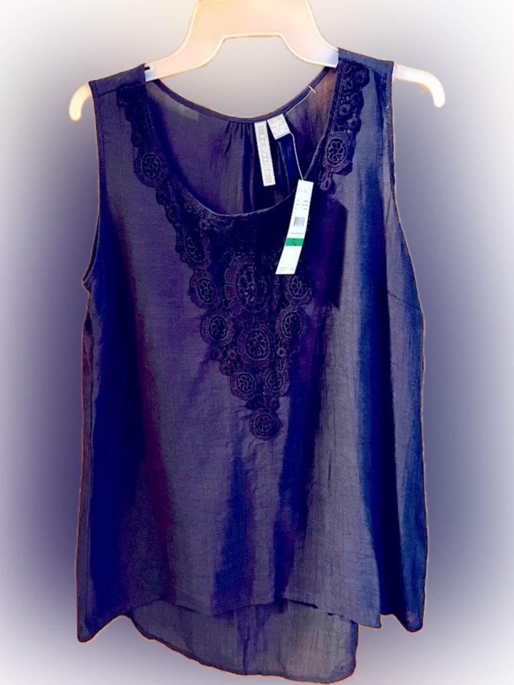 By Design Navy Blue Lace Embroidered Boho Sleeveless Blouse Tank Top Petite PL